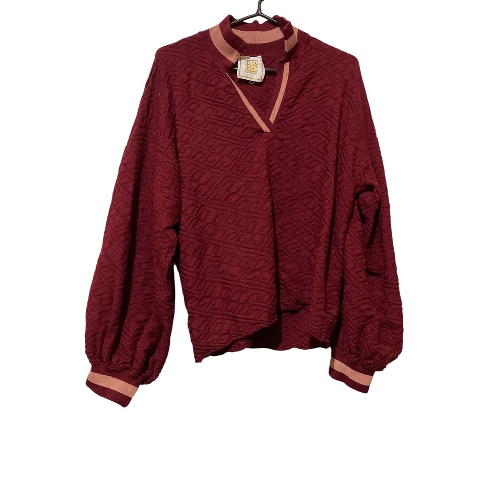 Emily McCarthy Burgundy Textured Jacquard V-Neck Balloon Sleeve Top Pink Trim